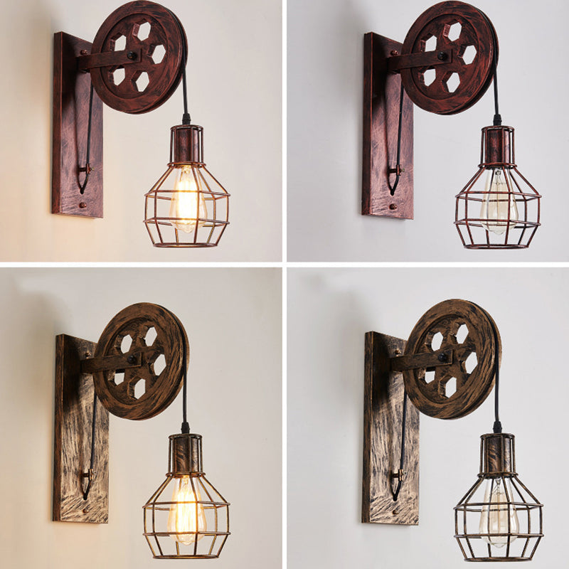 Sikunuo | Spherical Wire Cage Foyer Wall Lamp Rustic Iron 1-Light Bedroom Wall Mount Lamp with Pulley