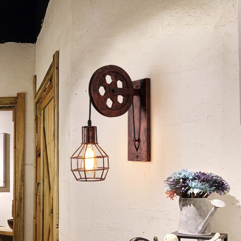 Sikunuo | Spherical Wire Cage Foyer Wall Lamp Rustic Iron 1-Light Bedroom Wall Mount Lamp with Pulley