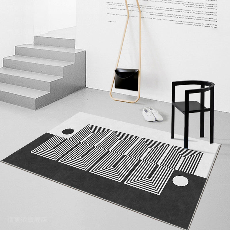 Sikunuo | Black Gray-White Striped Carpet Cotton Blend Novelty Area Rug Non-Slip Backing Machine Washable Indoor Rug for Room