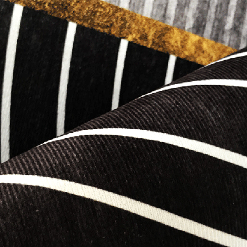 Sikunuo | Black Gray-White Striped Carpet Cotton Blend Novelty Area Rug Non-Slip Backing Machine Washable Indoor Rug for Room
