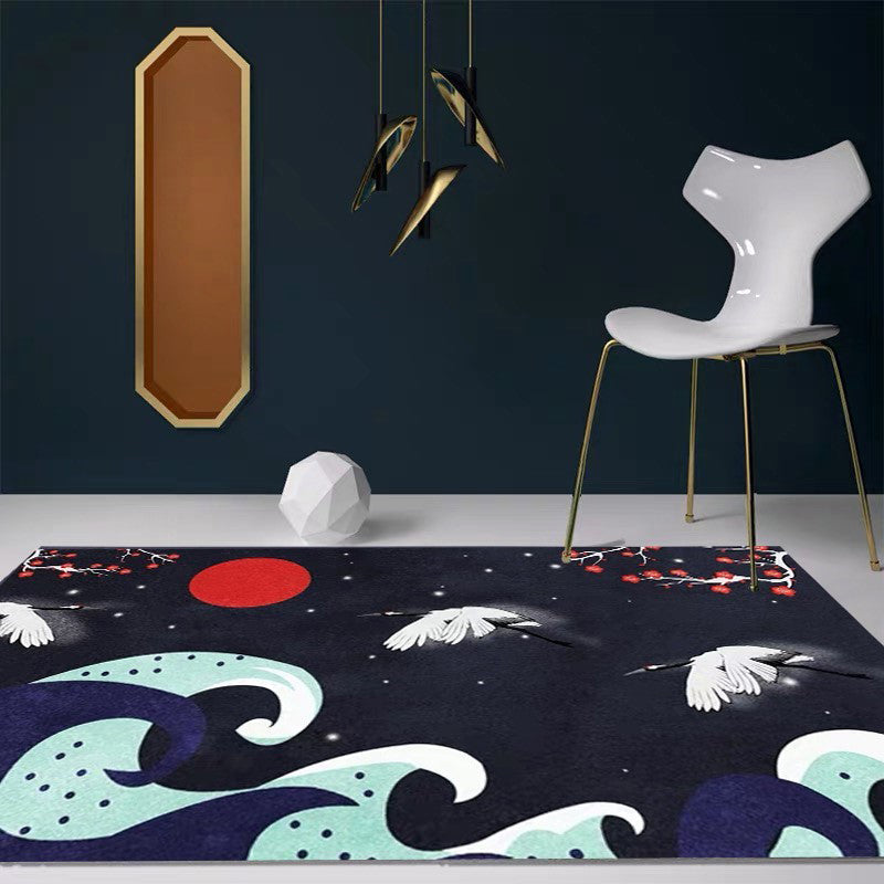 Sikunuo | Nordic Crane Pattern Rug Multi-Color Synthetic Area Rug Pet-Friendly Easy Maintenance Stain-Resistant Carpet for Room