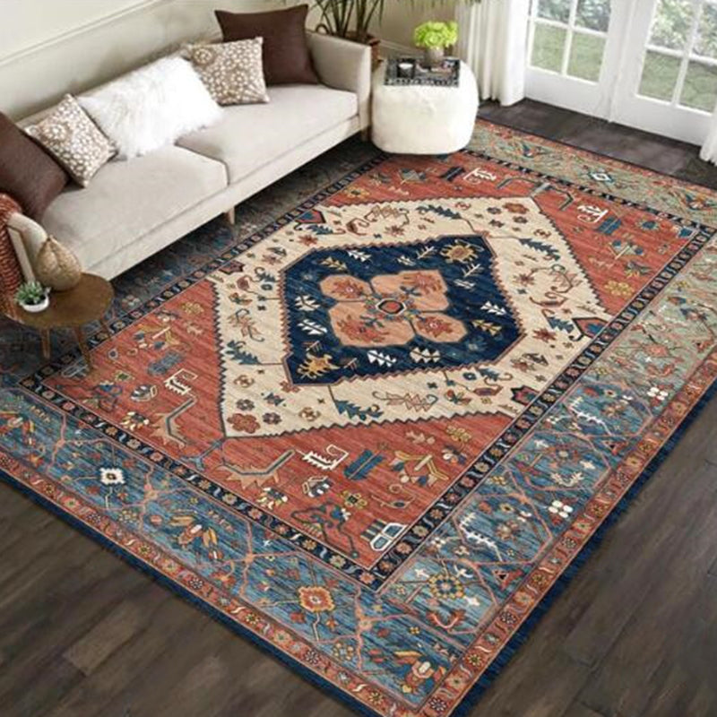 Sikunuo | Multicolored Novelty Rug Cotton Blend Plaid Pattern Area Rug Non-Slip Pet Friendly Carpet for the Living Room