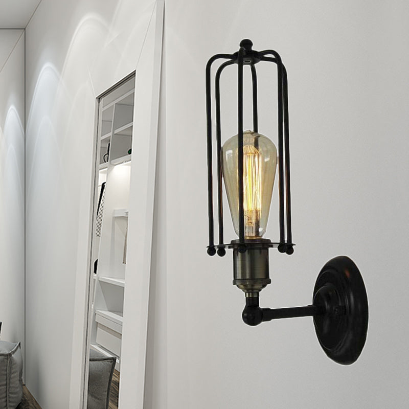 Sikunuo | 1 Head floor lamp Vintage industrial tube cage shading metal mini wall light fixture in black for corridor