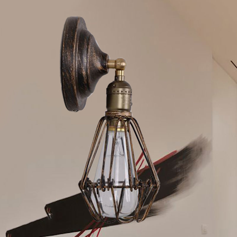 Sikunuo | 1 Light Bulb Wire Cage Wall Light Country House Style Stylish Antique Brass Wrought Iron Wall Light Lighting for Restaurant