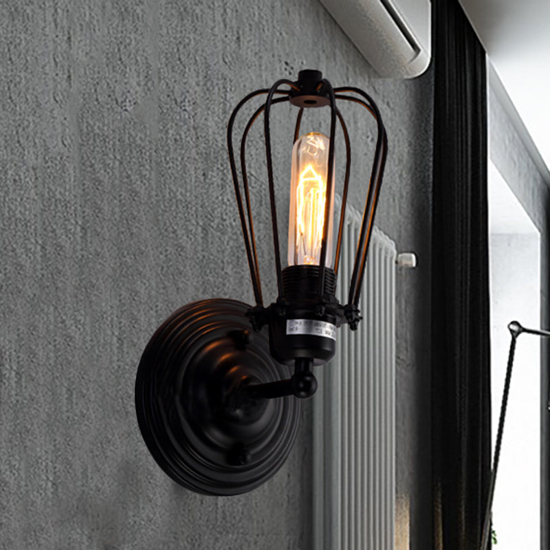 Sikunuo | 1 Head Wall Scone Light with Bulb Cage Shade Metal Industrial Rustic Hallway Wall Lighting in Black, 2 Packs