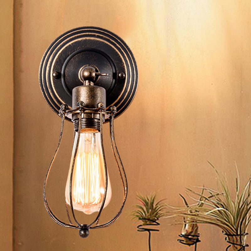 Sikunuo | 1 Head Iron Wall Lamp Farmhouse Style Dark Rust Wire Protection Café Mini Wall Light