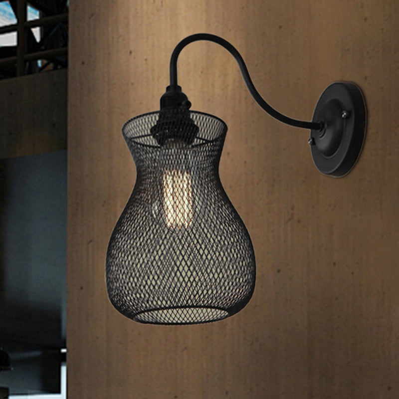 Sikunuo | 1 Bulb Vase Shape Wall Sconce with Mesh Shade Industrial Style Black Metal Wall Light for Hallway