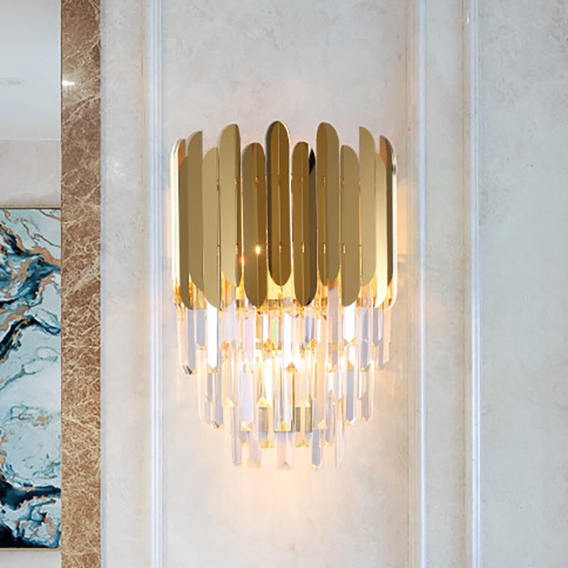 Sikunuo | Stacked Wall Light Modernist Metal 1 Light Brass Wall Lamp with Clear Crystal Block for Nightstand