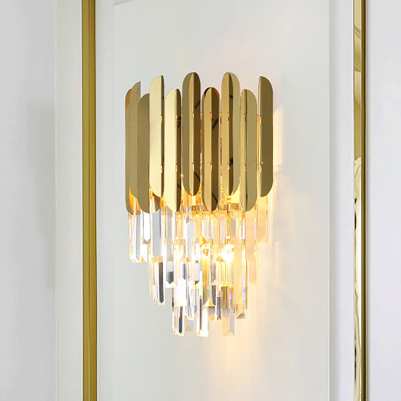 Sikunuo | Stacked Wall Light Modernist Metal 1 Light Brass Wall Lamp with Clear Crystal Block for Nightstand