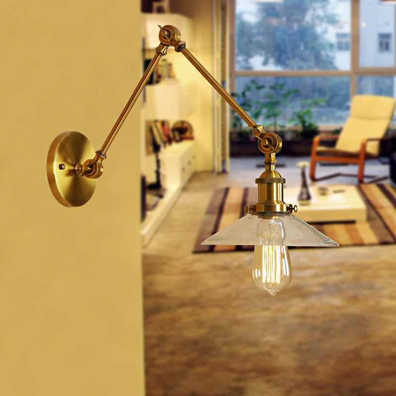 Sikunuo | Brass Cone Wall Lighting Country House Amber Glass 1 Light Living Room Wall Lamp Fixture