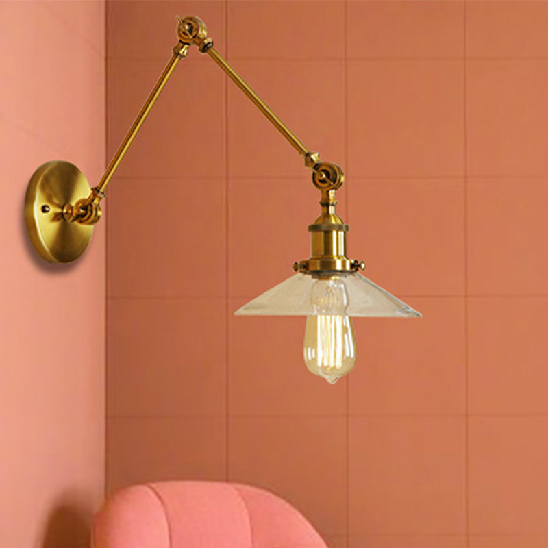 Sikunuo | Brass Cone Wall Lighting Country House Amber Glass 1 Light Living Room Wall Lamp Fixture