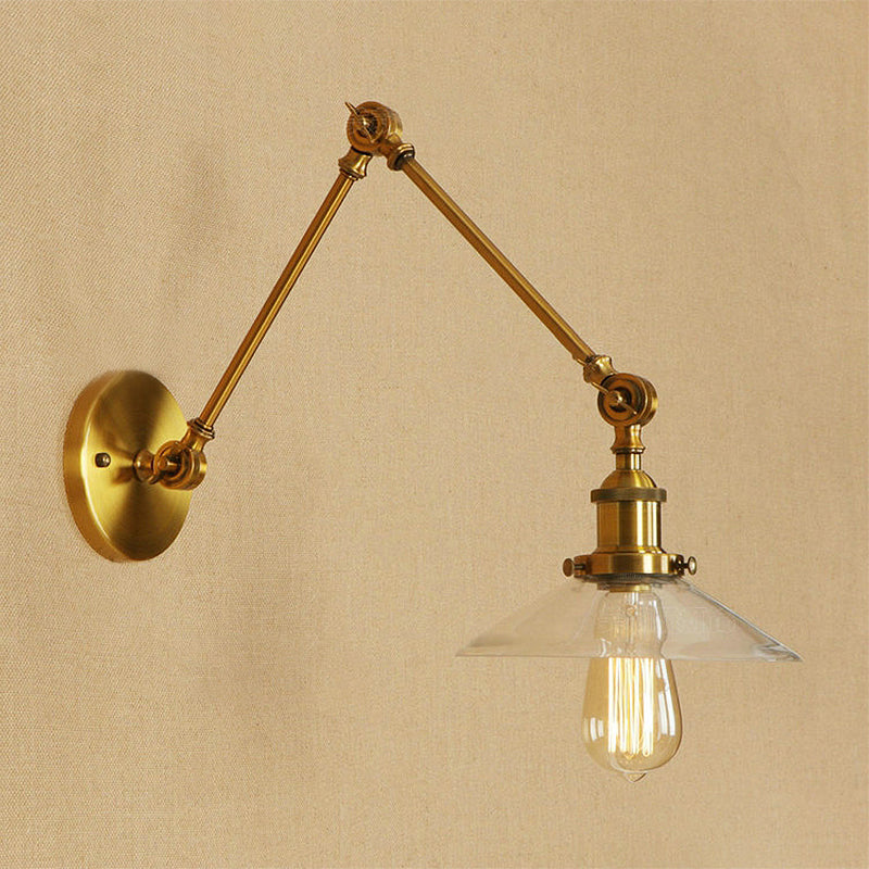 Sikunuo | Brass Cone Wall Lighting Country House Amber Glass 1 Light Living Room Wall Lamp Fixture