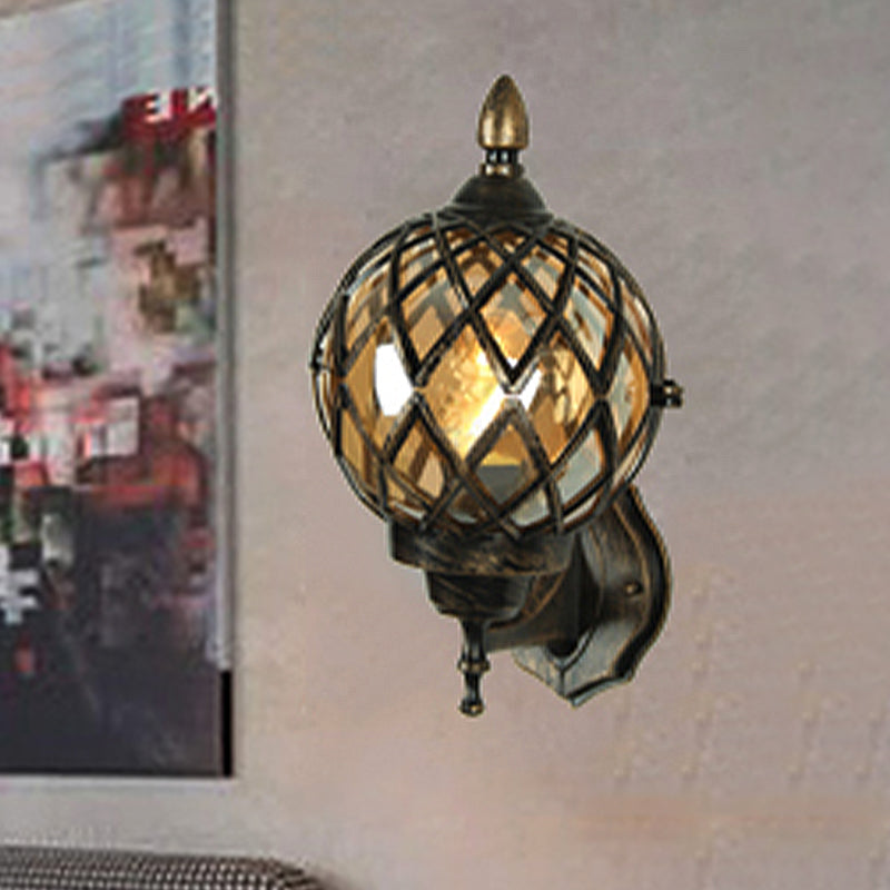 Sikunuo | 1 Light Amber Glass Wall Lamp Light Industrial Black Ball Dining Room Lighting Fixture with Cage