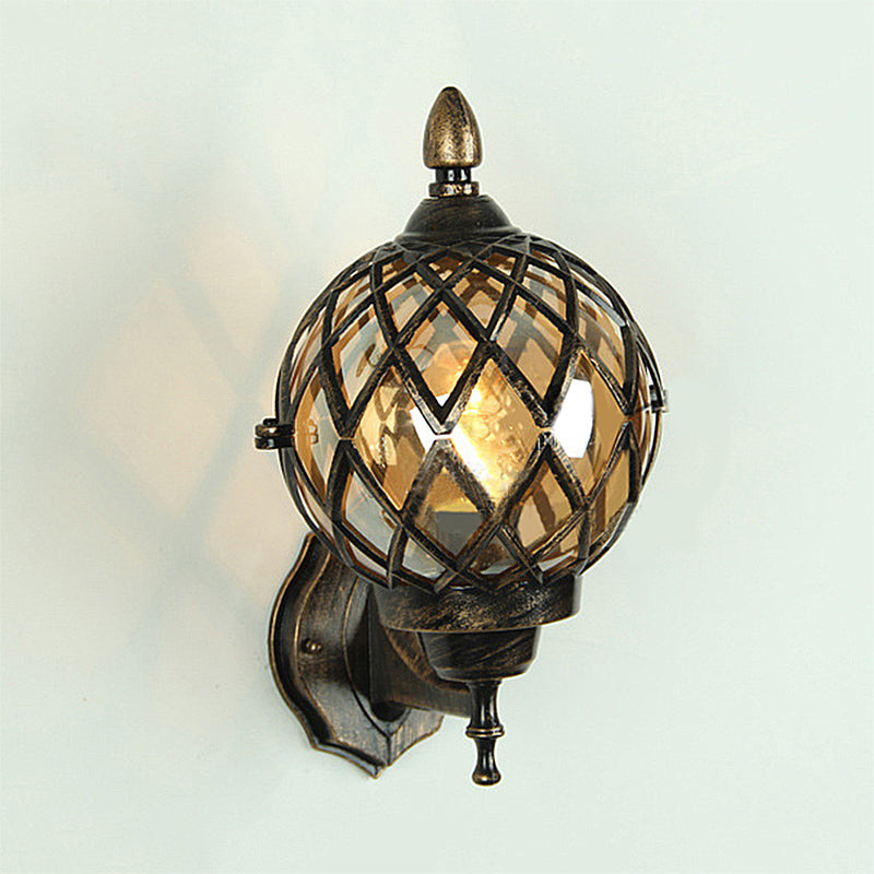 Sikunuo | 1 Light Amber Glass Wall Lamp Light Industrial Black Ball Dining Room Lighting Fixture with Cage