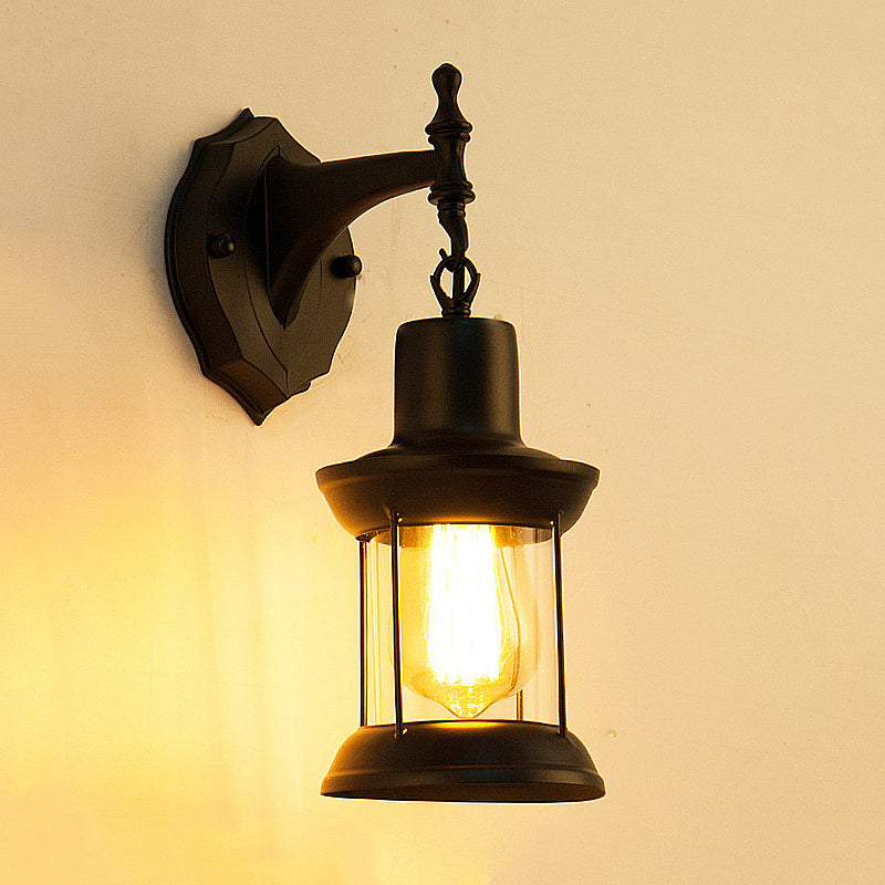 Sikunuo | Clear Glass Black Wall Light Lantern 1-Light Industrial Wall Lamp for the Kitchen