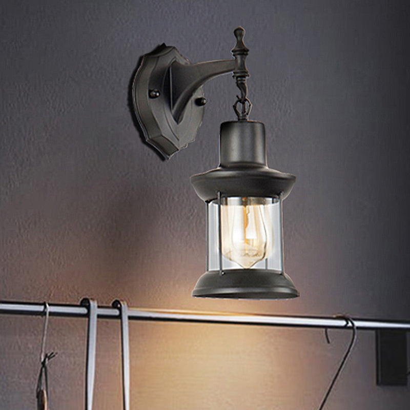 Sikunuo | Clear Glass Black Wall Light Lantern 1-Light Industrial Wall Lamp for the Kitchen
