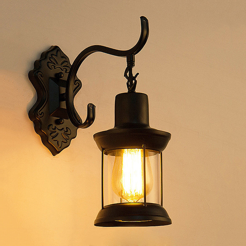 Sikunuo | Lantern Clear Glass Wall Mounted Lamp Vintage Single Bulb Outdoor Wall Light in Black with Carved Pattern