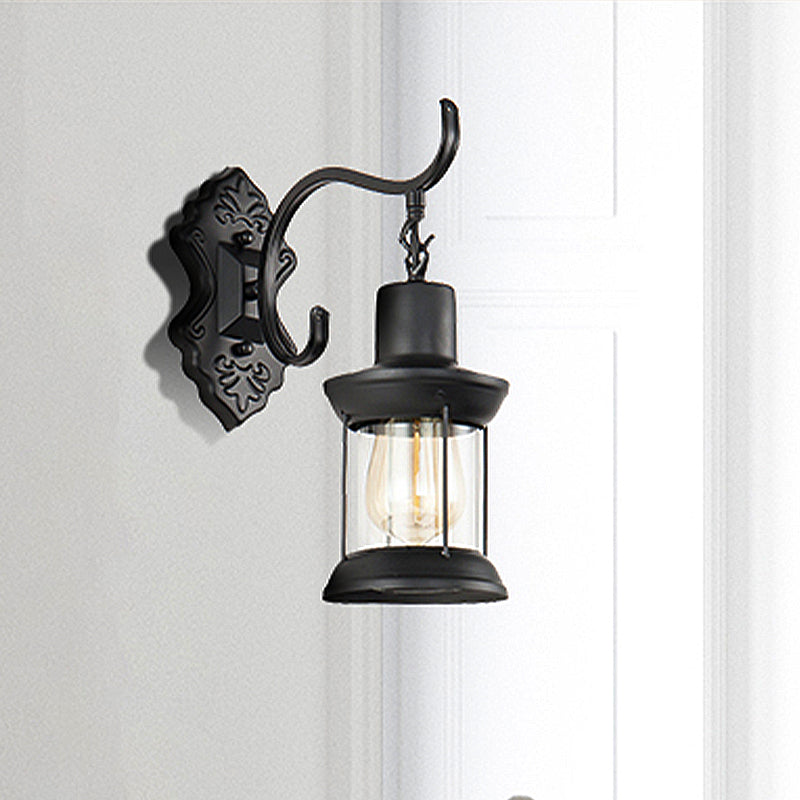 Sikunuo | Lantern Clear Glass Wall Mounted Lamp Vintage Single Bulb Outdoor Wall Light in Black with Carved Pattern