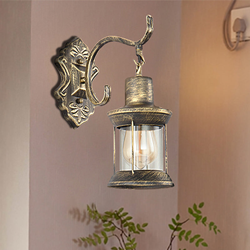 Sikunuo | 1 Light Bulb Kerosene Wall Mounted Light Rustic Style Aged Bronze Clear Glass Lighting with Engraved Pattern