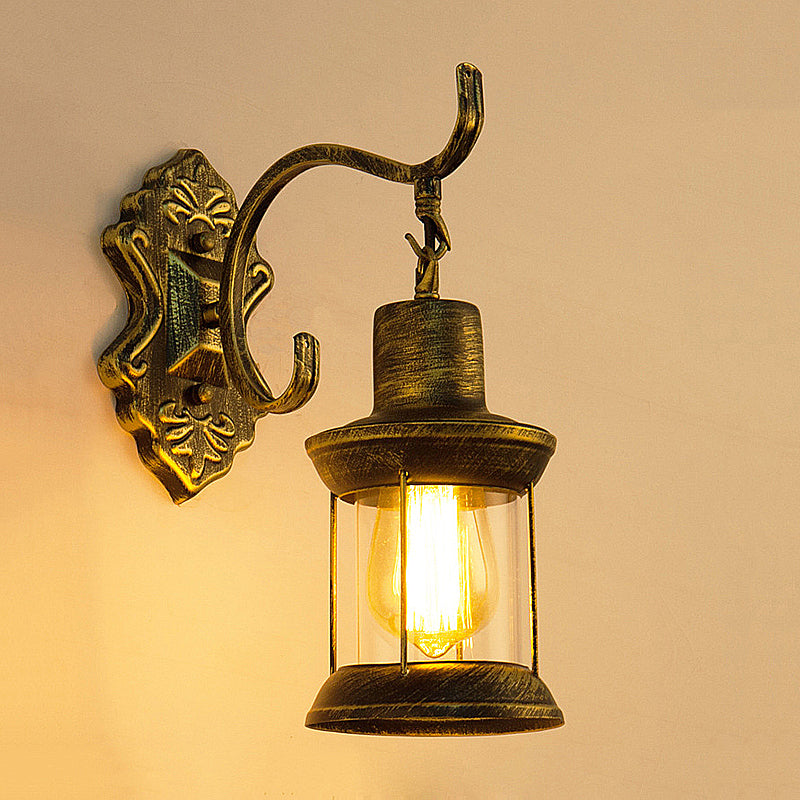 Sikunuo | 1 Light Bulb Kerosene Wall Mounted Light Rustic Style Aged Bronze Clear Glass Lighting with Engraved Pattern