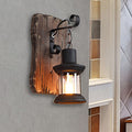 Sikunuo | Black One-Light Wall Sconce Rustic Clear Glass with Grid Lighting and Wood Back Panel