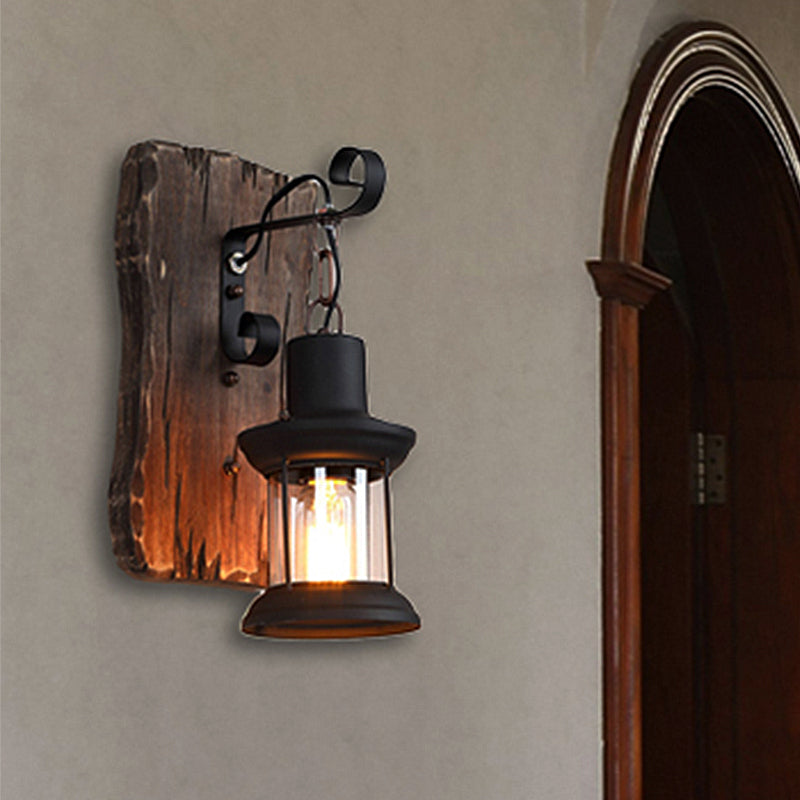 Sikunuo | Black One-Light Wall Sconce Rustic Clear Glass with Grid Lighting and Wood Back Panel