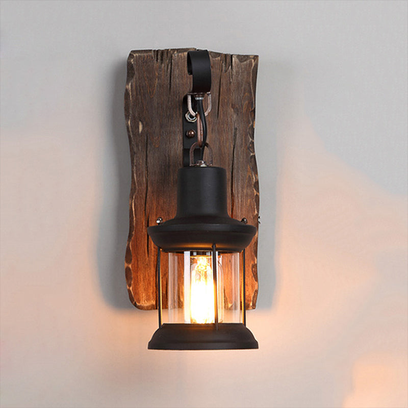 Sikunuo | Black One-Light Wall Sconce Rustic Clear Glass with Grid Lighting and Wood Back Panel