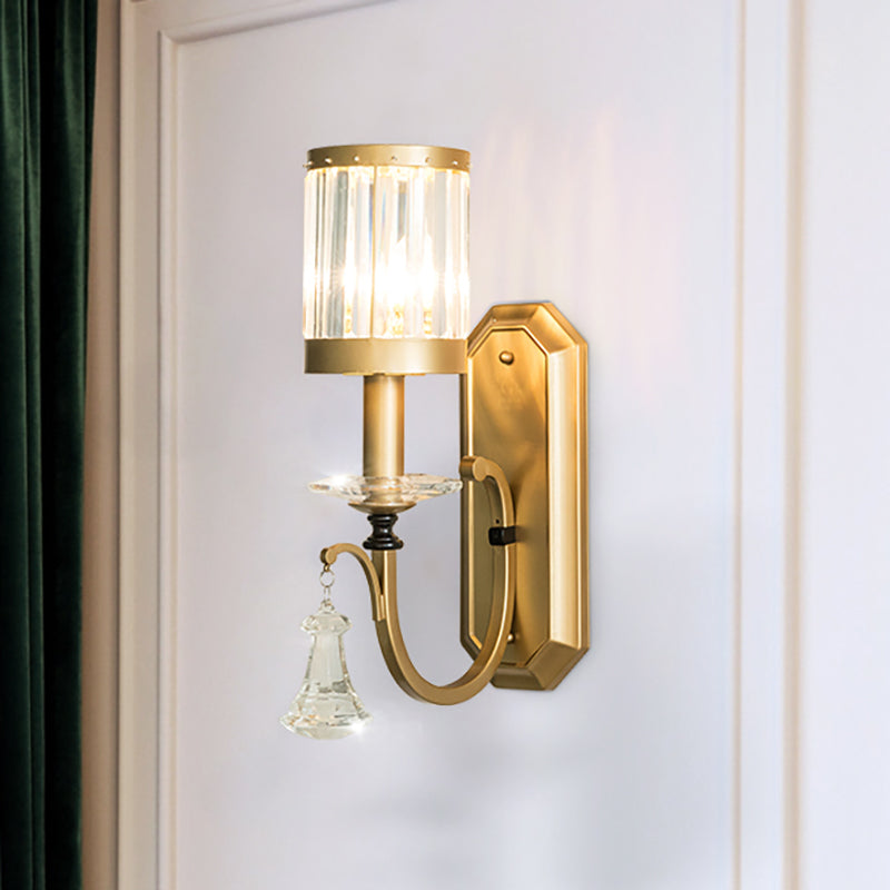 Sikunuo | Cylinder Wall Light Modernism Prism Crystal 1 Light Brass Wall Mount Light for the Living Room
