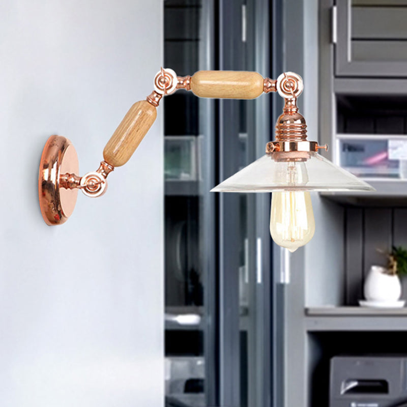 Sikunuo | Clear Glass Wood Wall Light Cone 1-Light Industrial Wall Lamp with Extendable Arm
