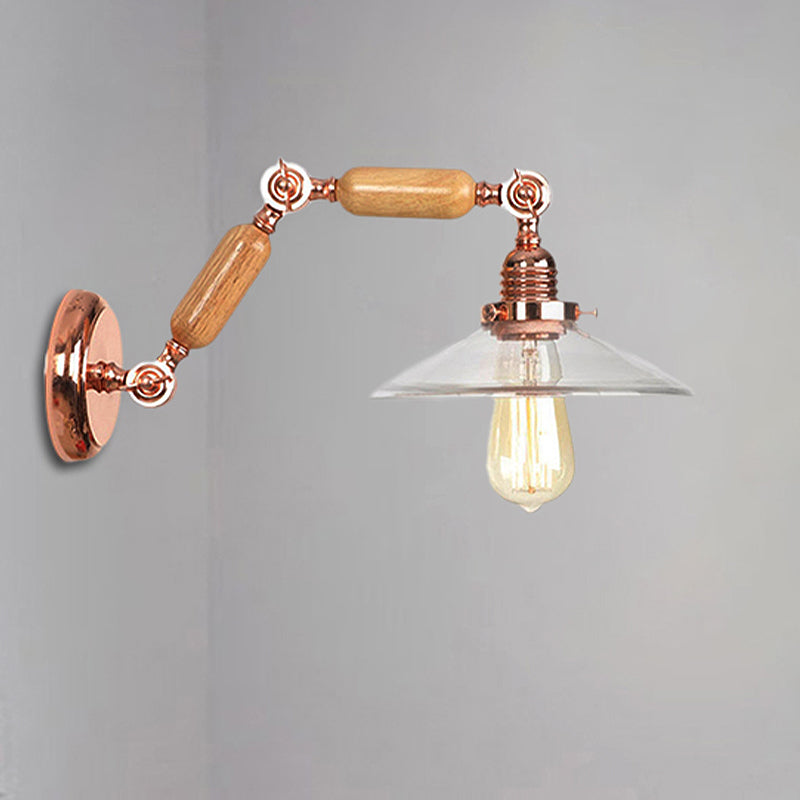 Sikunuo | Clear Glass Wood Wall Light Cone 1-Light Industrial Wall Lamp with Extendable Arm