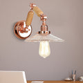Sikunuo | A wall light with a light bulb and conical shade made of clear prismatic glass, industrial wall lamp for the living room with curved arm