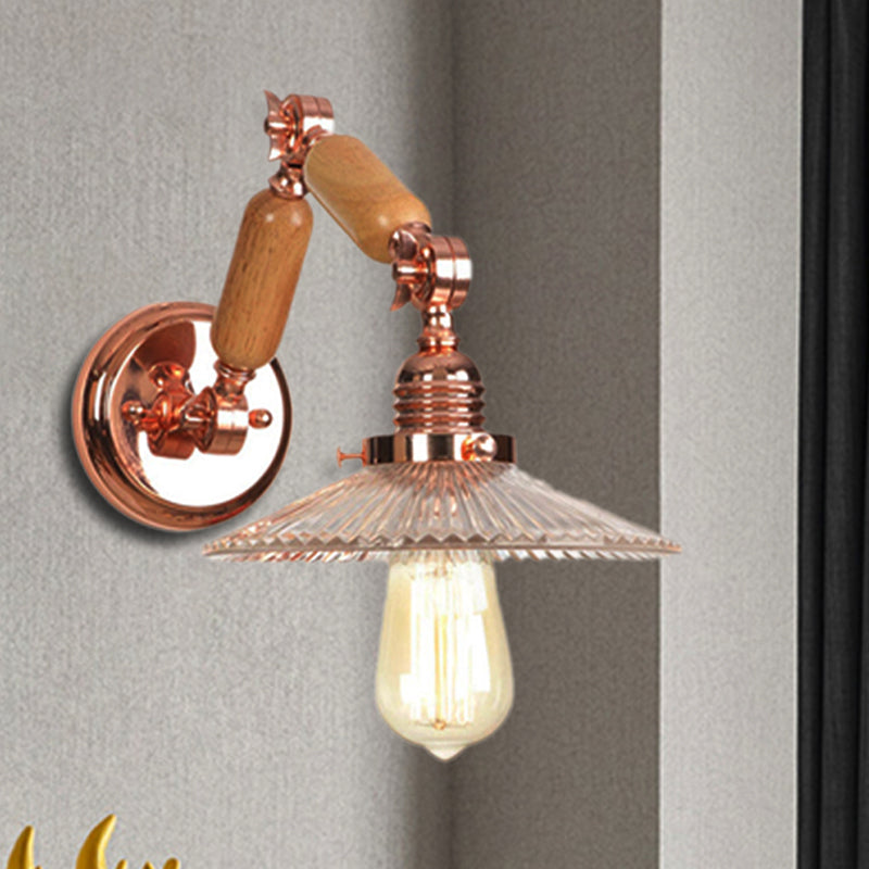 Sikunuo | A wall light with a light bulb and conical shade made of clear prismatic glass, industrial wall lamp for the living room with curved arm