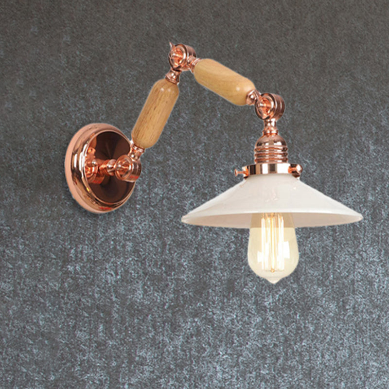 Sikunuo | White glass conical wall lamp industrial 1 light living room lighting fixture with retractable arm