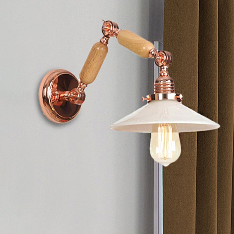 Sikunuo | White glass conical wall lamp industrial 1 light living room lighting fixture with retractable arm