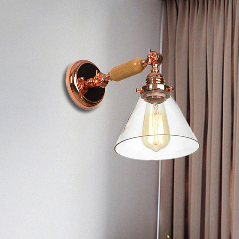 Sikunuo | Industrial Cone Wall Lamp 1 Bulb Clear Glass Wall Light in Rose Gold