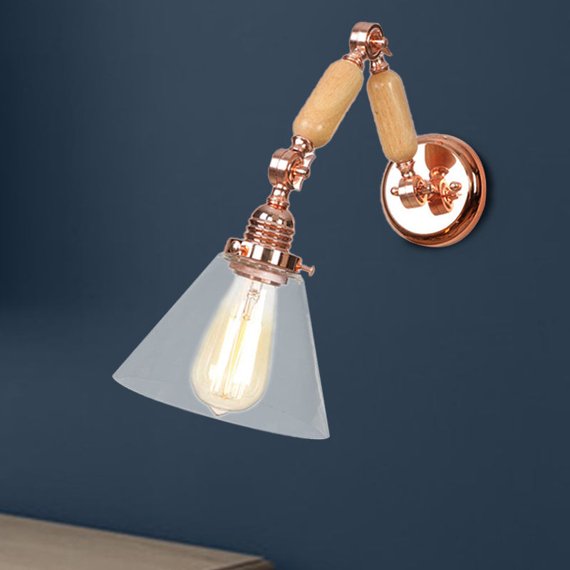 Sikunuo | Cone Shade Bedroom Wall Lamp Vintage Clear Glass 1 Light Wooden Wall Lamp with Long Arm