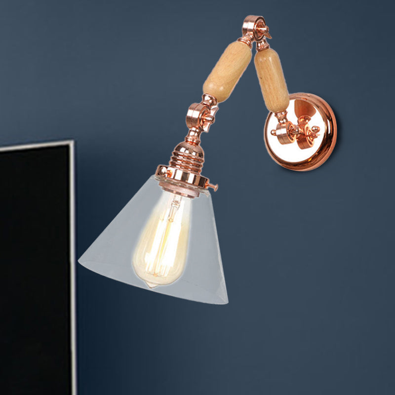 Sikunuo | Cone Shade Bedroom Wall Lamp Vintage Clear Glass 1 Light Wooden Wall Lamp with Long Arm