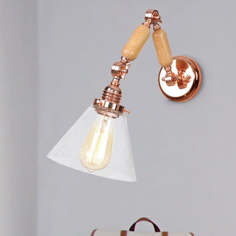 Sikunuo | Cone Shade Bedroom Wall Lamp Vintage Clear Glass 1 Light Wooden Wall Lamp with Long Arm