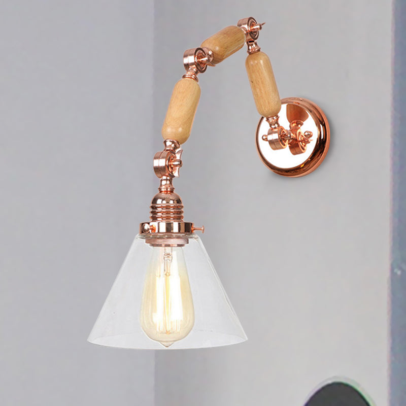 Sikunuo | A Pear Clear Glass Wall Light Industrial Gold Cone Living Room Wall Light with Curved Arm