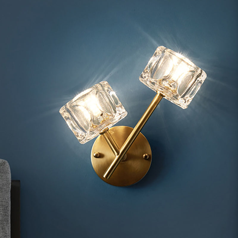 Sikunuo | 1/2-Light Bedroom Wall Lighting Contemporary Style Brass Finish with Square Clear Crystal Shade