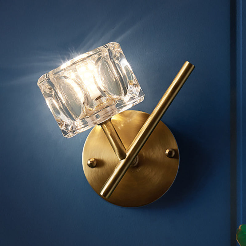 Sikunuo | 1/2-Light Bedroom Wall Lighting Contemporary Style Brass Finish with Square Clear Crystal Shade