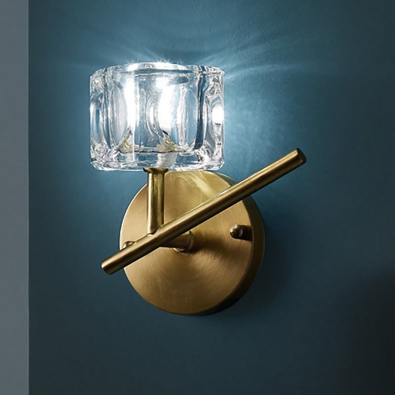 Sikunuo | 1/2-Light Bedroom Wall Lighting Contemporary Style Brass Finish with Square Clear Crystal Shade
