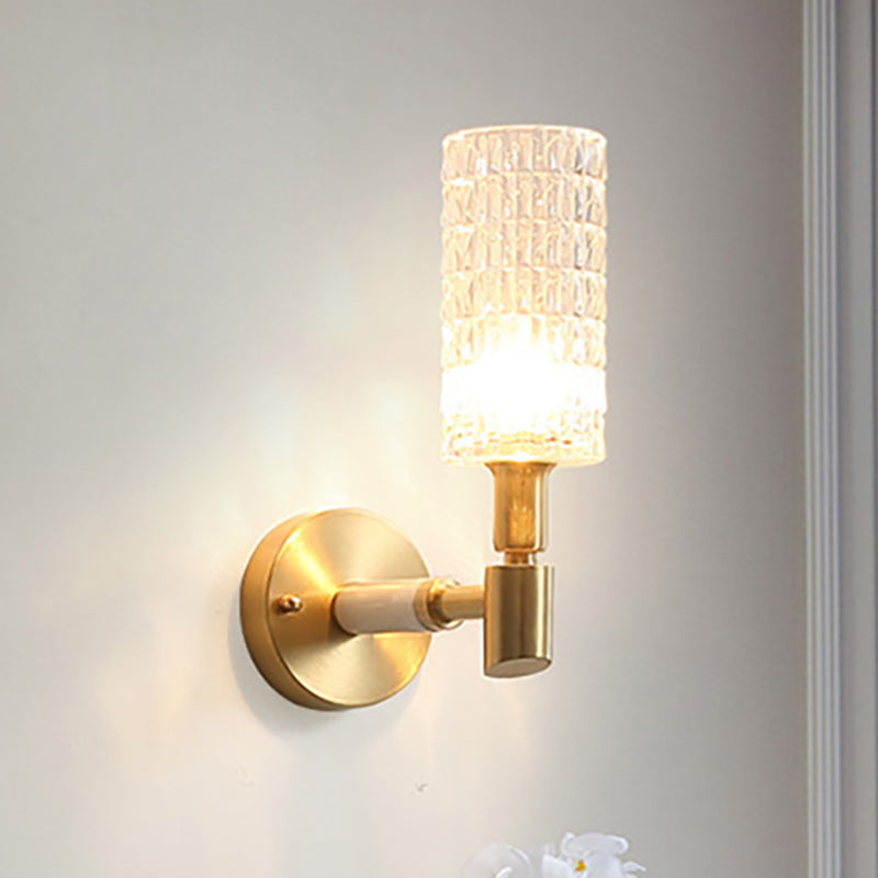 Sikunuo | 1 Light Corridor Wall Spotlight Contemporary Style Gold Finish Sconce Lamp with Cylindrical Clear Faceted Glass Shade
