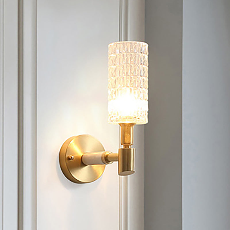 Sikunuo | 1 Light Corridor Wall Spotlight Contemporary Style Gold Finish Sconce Lamp with Cylindrical Clear Faceted Glass Shade