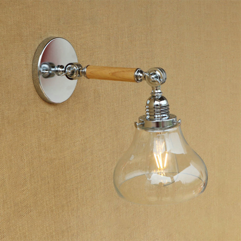 Sikunuo | Wood One Light Wall Lamp Vintage Clear Glass Pear Lighting Fixture for Living Room, 8"/4"/6" L Wooden Arm