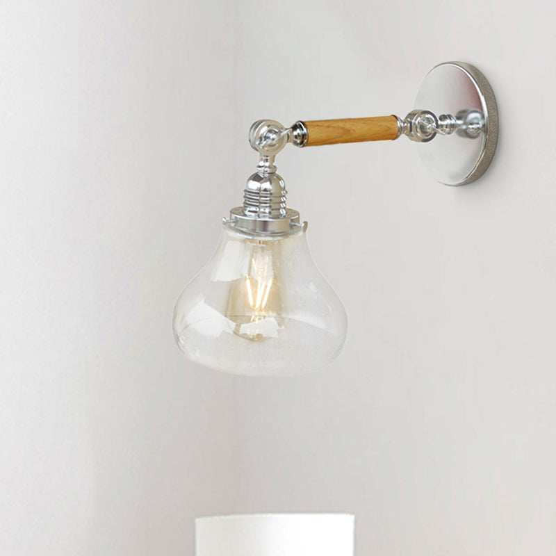 Sikunuo | Wood One Light Wall Lamp Vintage Clear Glass Pear Lighting Fixture for Living Room, 8"/4"/6" L Wooden Arm