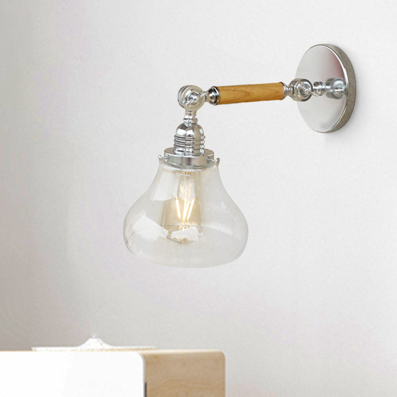 Sikunuo | Wood One Light Wall Lamp Vintage Clear Glass Pear Lighting Fixture for Living Room, 8"/4"/6" L Wooden Arm