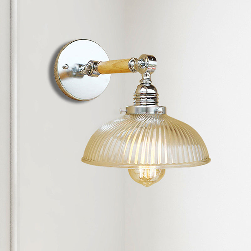 Sikunuo | Curved Living Room Wall Light Fixture Antique Stylish Ribbed Glass 1 Light Clear Wall Lamp for Hallway, 8"/4"/6" L Wooden Arm