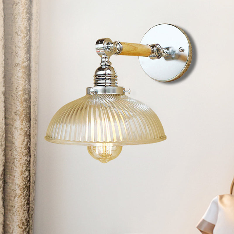 Sikunuo | Curved Living Room Wall Light Fixture Antique Stylish Ribbed Glass 1 Light Clear Wall Lamp for Hallway, 8"/4"/6" L Wooden Arm