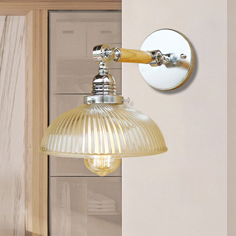 Sikunuo | Curved Living Room Wall Light Fixture Antique Stylish Ribbed Glass 1 Light Clear Wall Lamp for Hallway, 8"/4"/6" L Wooden Arm